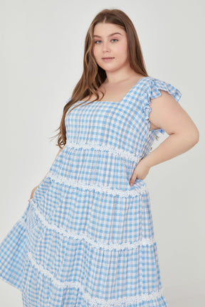 ENGLISH FACTORY - Plus Size Floral Lace Gingham Printed Midi Dress - DRESSES available at Objectrare