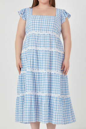 ENGLISH FACTORY - Plus Size Floral Lace Gingham Printed Midi Dress - DRESSES available at Objectrare
