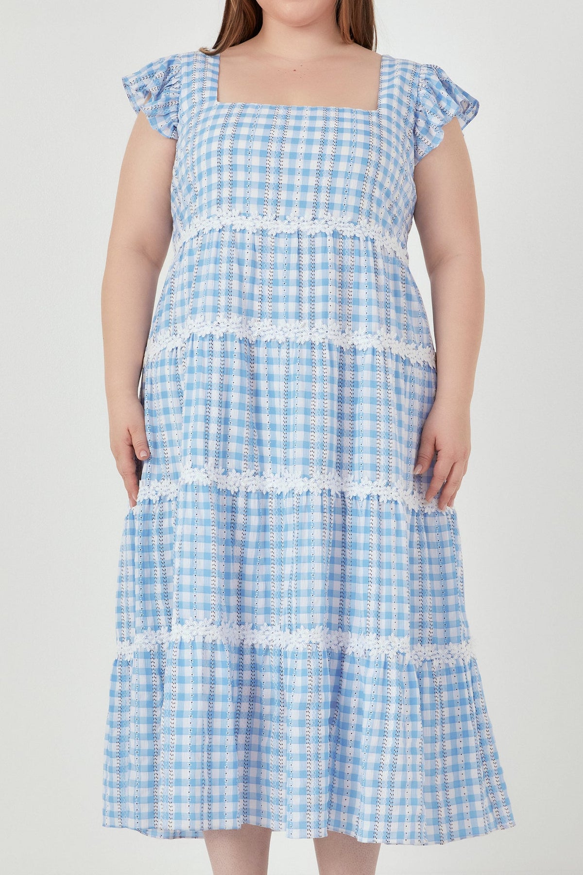 Plus Size Floral Lace Gingham Printed Midi Dress