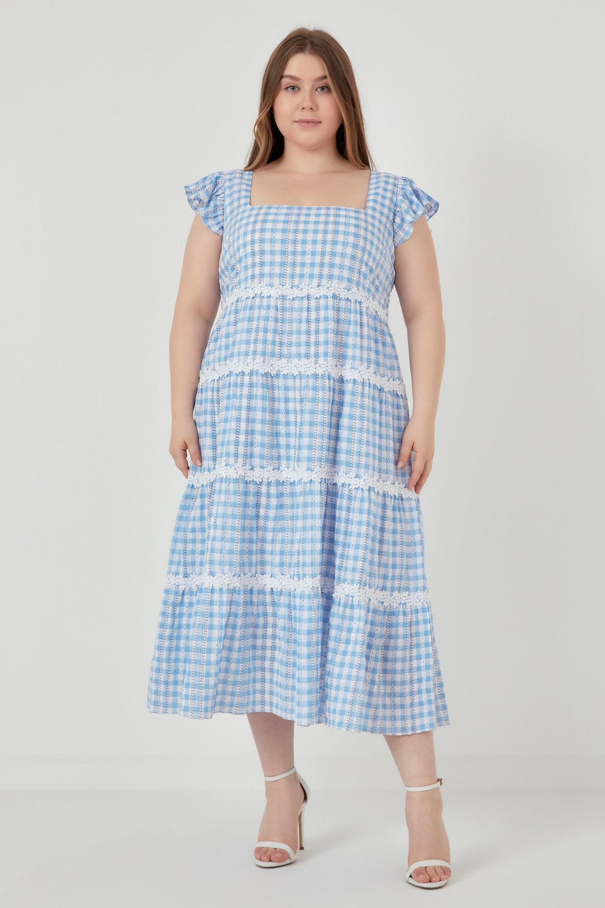 Plus Size Floral Lace Gingham Printed Midi Dress