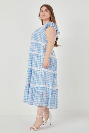 ENGLISH FACTORY - Plus Size Floral Lace Gingham Printed Midi Dress - DRESSES available at Objectrare