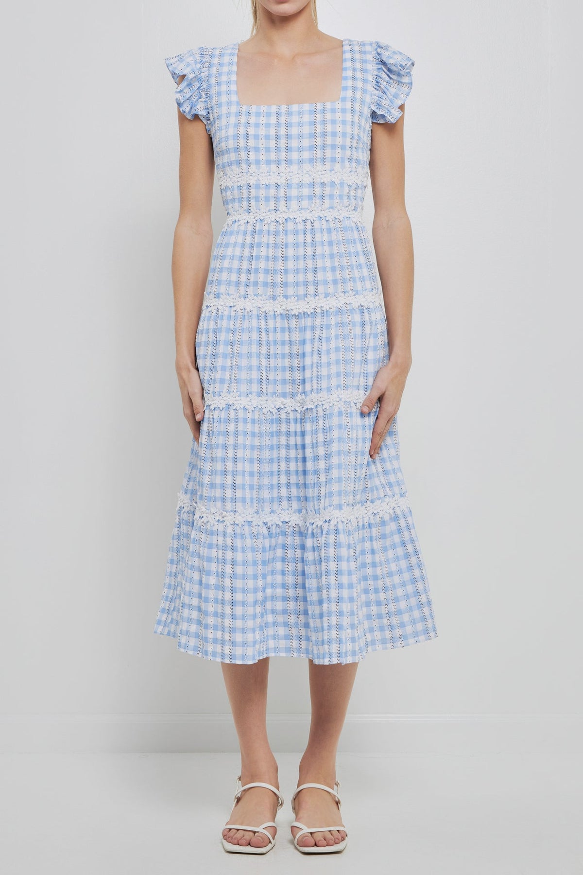 ENGLISH FACTORY - English Factory - Floral Lace Gingham Printed Midi Dress - DRESSES available at Objectrare