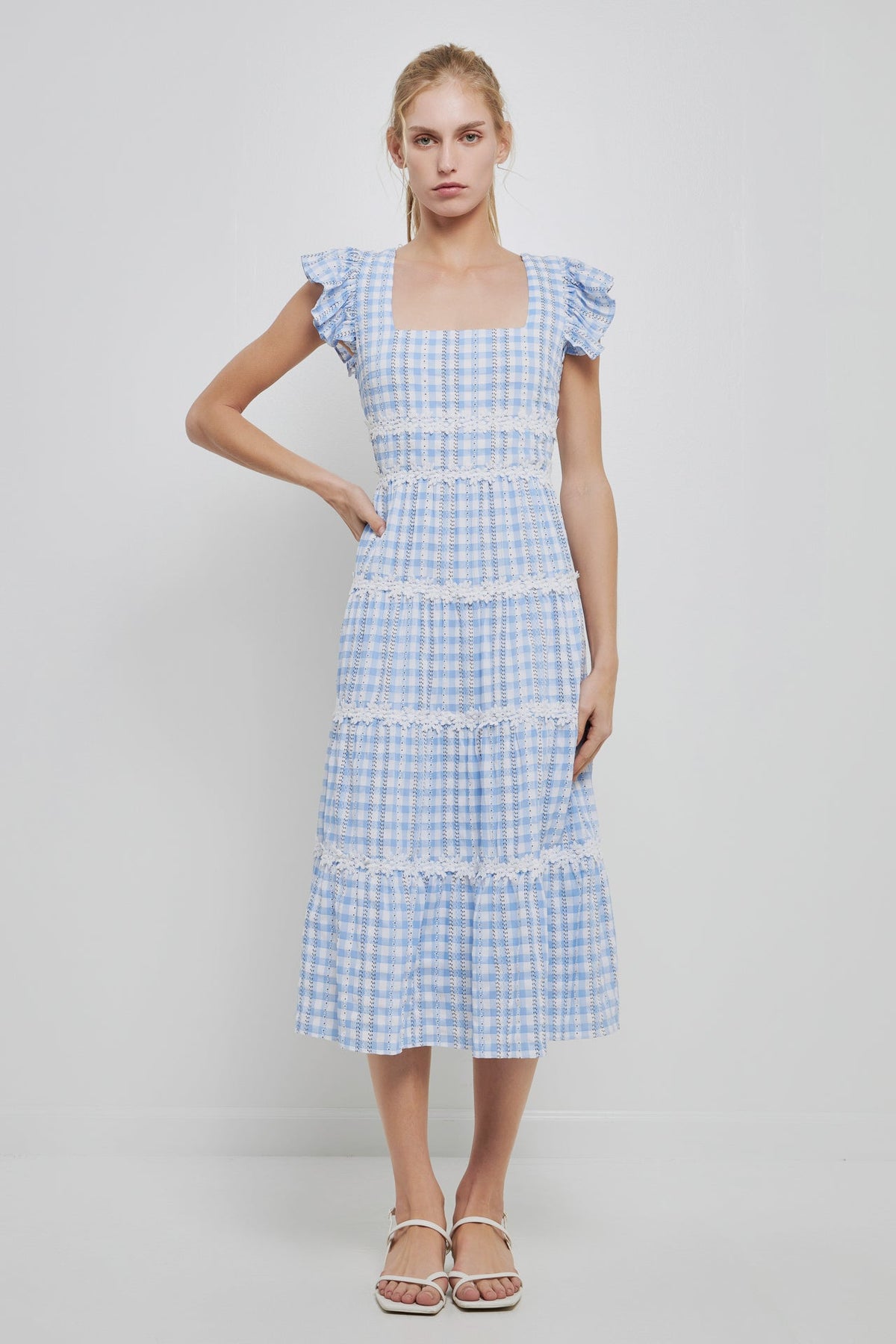 ENGLISH FACTORY - English Factory - Floral Lace Gingham Printed Midi Dress - DRESSES available at Objectrare