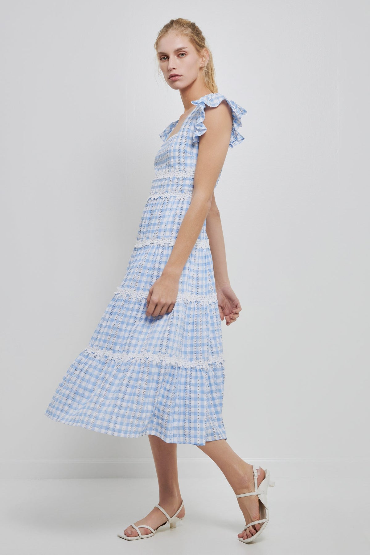 ENGLISH FACTORY - Floral Lace Gingham Printed Midi Dress - DRESSES available at Objectrare