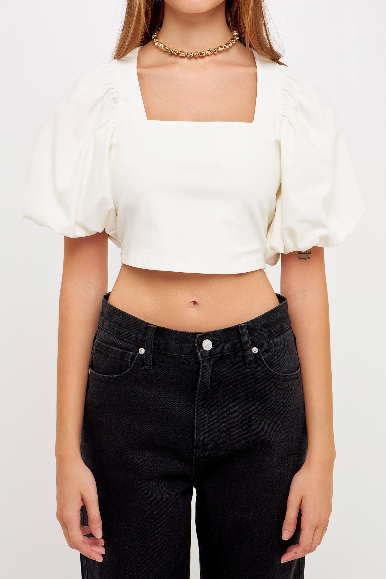 GREY LAB - Square neckline Puff Sleeve Stretch Fabric Top - TOPS available at Objectrare