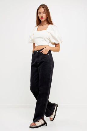GREY LAB - Square neckline Puff Sleeve Stretch Fabric Top - TOPS available at Objectrare