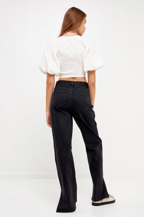 GREY LAB - Square neckline Puff Sleeve Stretch Fabric Top - TOPS available at Objectrare