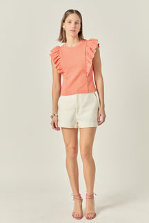 ENGLISH FACTORY - Contrast Merrow Detail Ruffled Knit Top - TOPS available at Objectrare