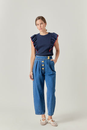 ENGLISH FACTORY - Contrast Merrow Detail Ruffled Knit Top - TOPS available at Objectrare