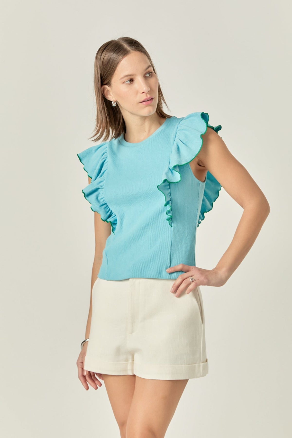 ENGLISH FACTORY - Contrast Merrow Detail Ruffled Knit Top - TOPS available at Objectrare