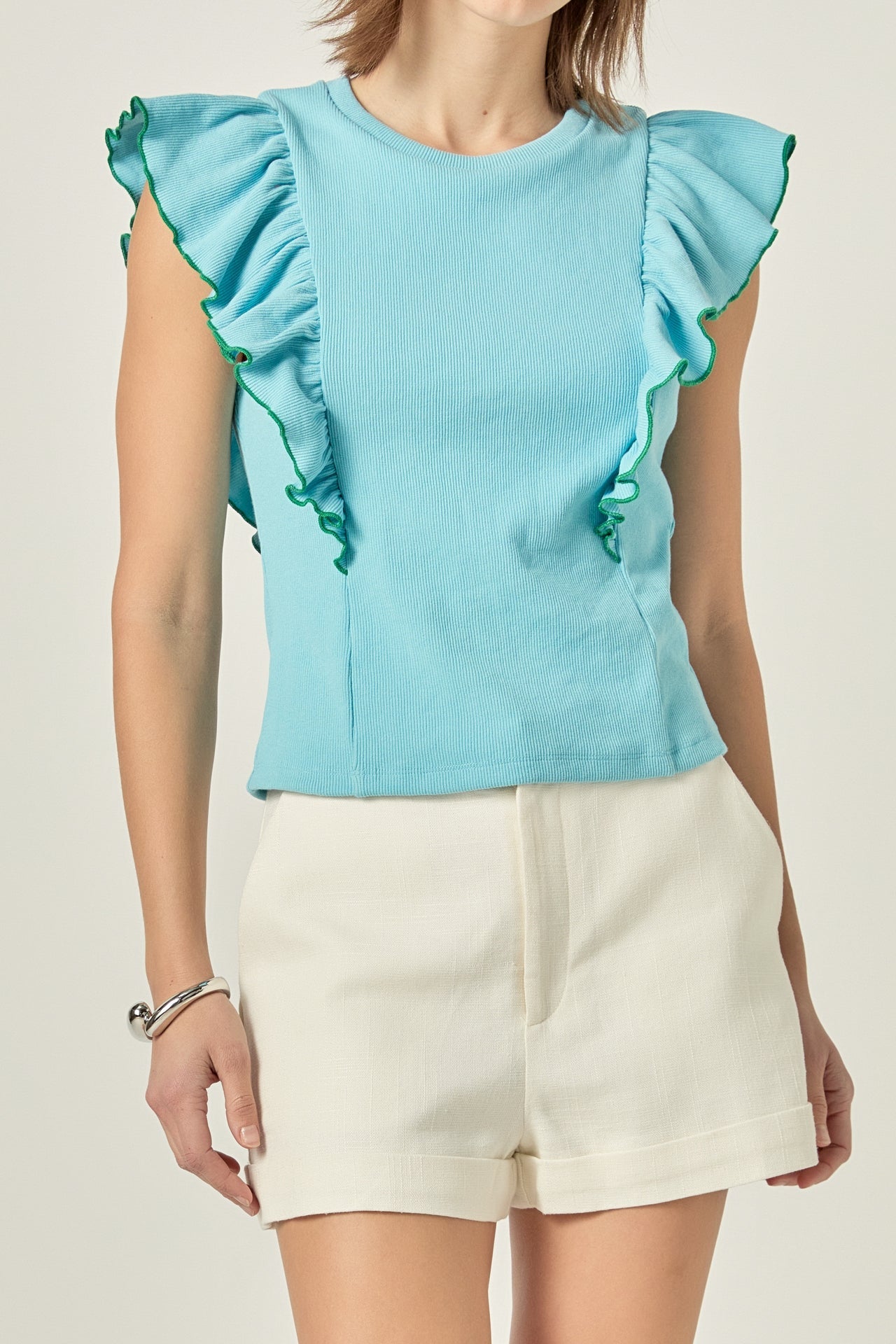 ENGLISH FACTORY - Contrast Merrow Detail Ruffled Knit Top - TOPS available at Objectrare