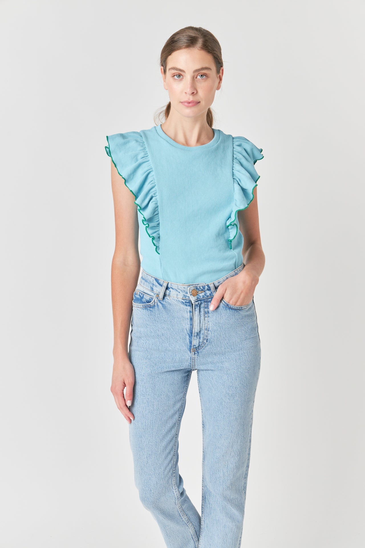 ENGLISH FACTORY - English Factory - Contrast Merrow Detail Ruffled Knit Top - TOPS available at Objectrare