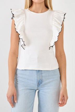 Contrast Merrow Detail Ruffled Knit Top