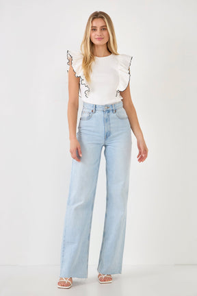 Contrast Merrow Detail Ruffled Knit Top