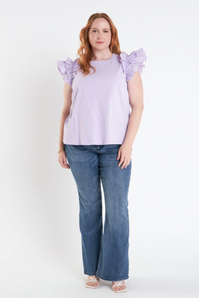 ENGLISH FACTORY - English Factory - Plus Size Mixed Media Ruffle Detail T-Shirt - T-SHIRTS available at Objectrare