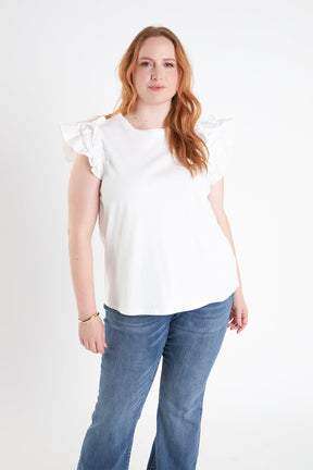 ENGLISH FACTORY - English Factory - Plus Size Mixed Media Ruffle Detail T-Shirt - T-SHIRTS available at Objectrare