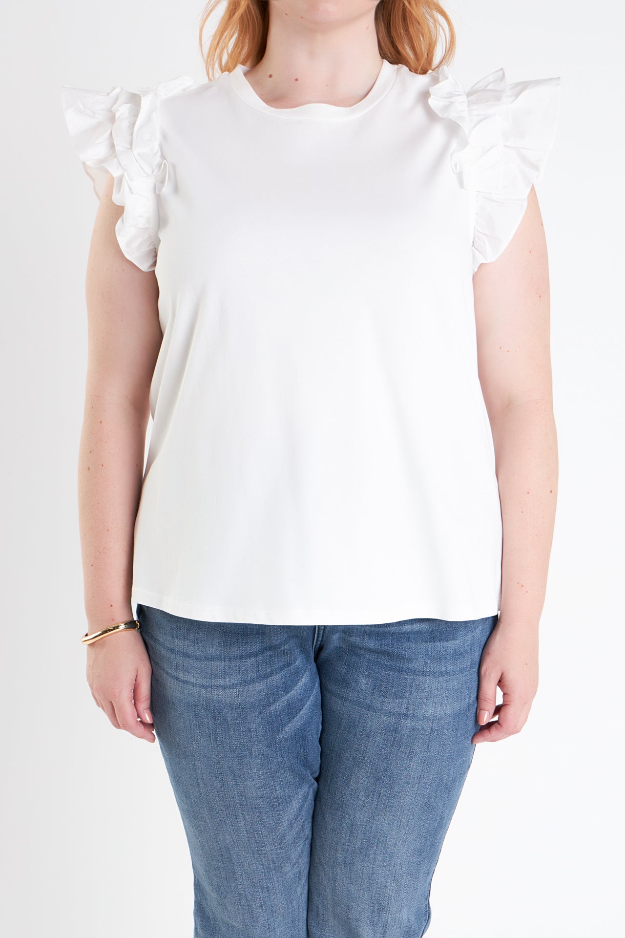 ENGLISH FACTORY - English Factory - Plus Size Mixed Media Ruffle Detail T-Shirt - T-SHIRTS available at Objectrare