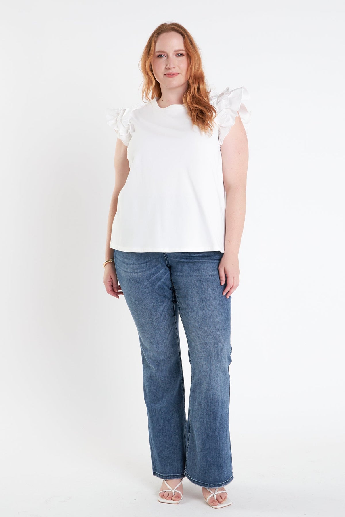 ENGLISH FACTORY - Plus Size Mixed Media Ruffle Detail T-Shirt - T-SHIRTS available at Objectrare