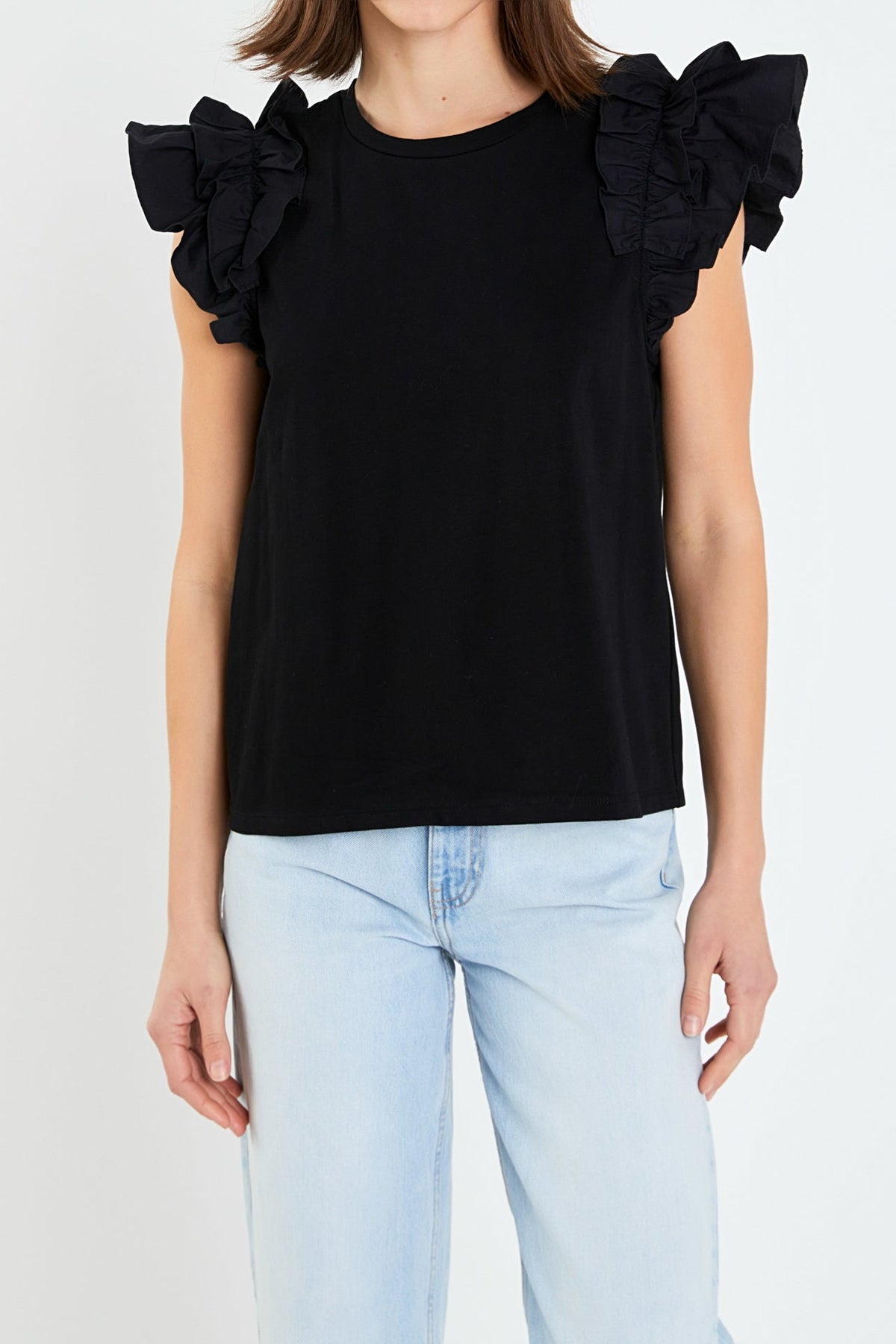 ENGLISH FACTORY - Mixed Media Ruffle Detail T-shirt - T-SHIRTS available at Objectrare