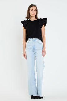 ENGLISH FACTORY - Mixed Media Ruffle Detail T-shirt - T-SHIRTS available at Objectrare