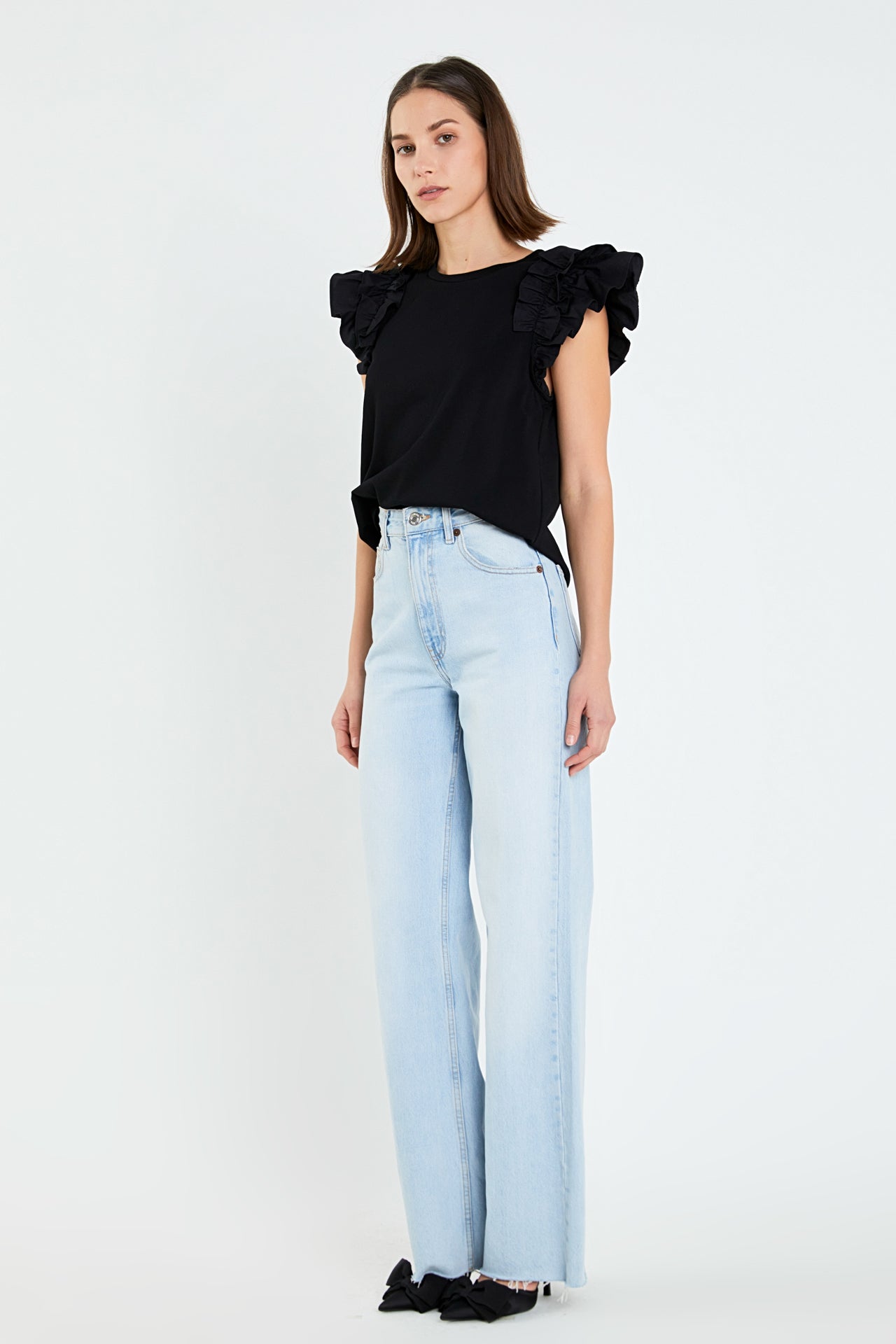 ENGLISH FACTORY - Mixed Media Ruffle Detail T-shirt - T-SHIRTS available at Objectrare