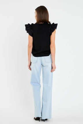 ENGLISH FACTORY - Mixed Media Ruffle Detail T-shirt - T-SHIRTS available at Objectrare