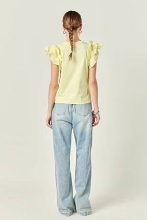ENGLISH FACTORY - Mixed Media Ruffle Detail T-shirt - T-SHIRTS available at Objectrare