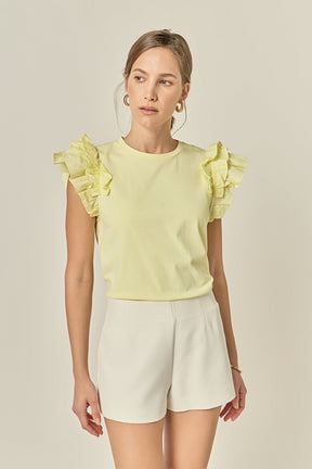 ENGLISH FACTORY - Mixed Media Ruffle Detail T-shirt - T-SHIRTS available at Objectrare