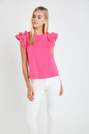 English Factory - Mixed Media Ruffle Detail T-shirt