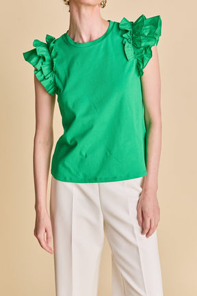 ENGLISH FACTORY - Mixed Media Ruffle Detail T-shirt - T-SHIRTS available at Objectrare