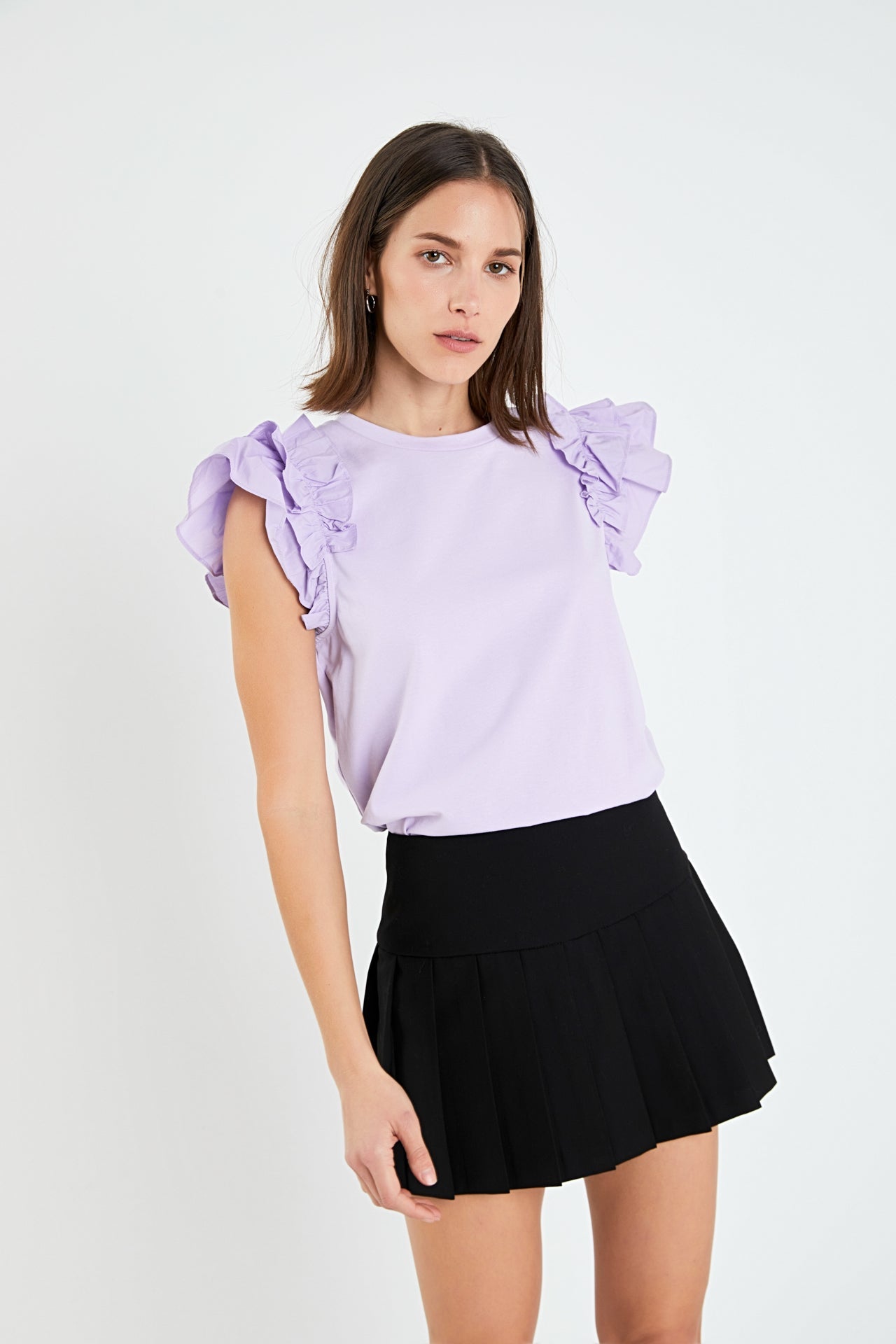 ENGLISH FACTORY - Mixed Media Ruffle Detail T-shirt - T-SHIRTS available at Objectrare