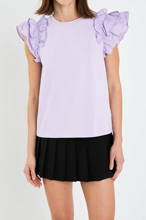 ENGLISH FACTORY - Mixed Media Ruffle Detail T-shirt - T-SHIRTS available at Objectrare
