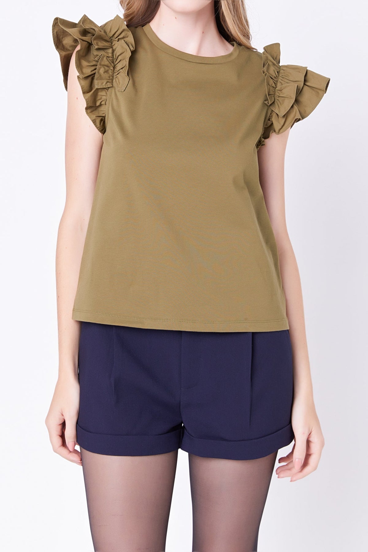 ENGLISH FACTORY - Mixed Media Ruffle Detail T-shirt - T-SHIRTS available at Objectrare
