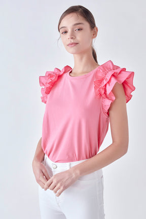 English Factory - Mixed Media Ruffle Detail T-shirt