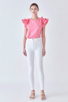 English Factory - Mixed Media Ruffle Detail T-shirt