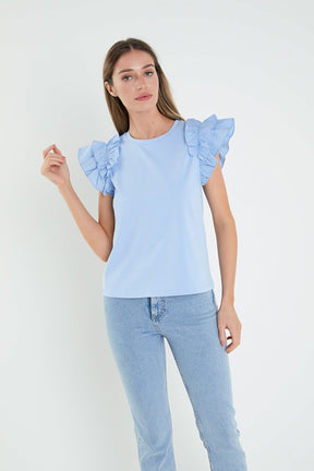 Mixed Media Shoulder Ruffle Detail T-shirt