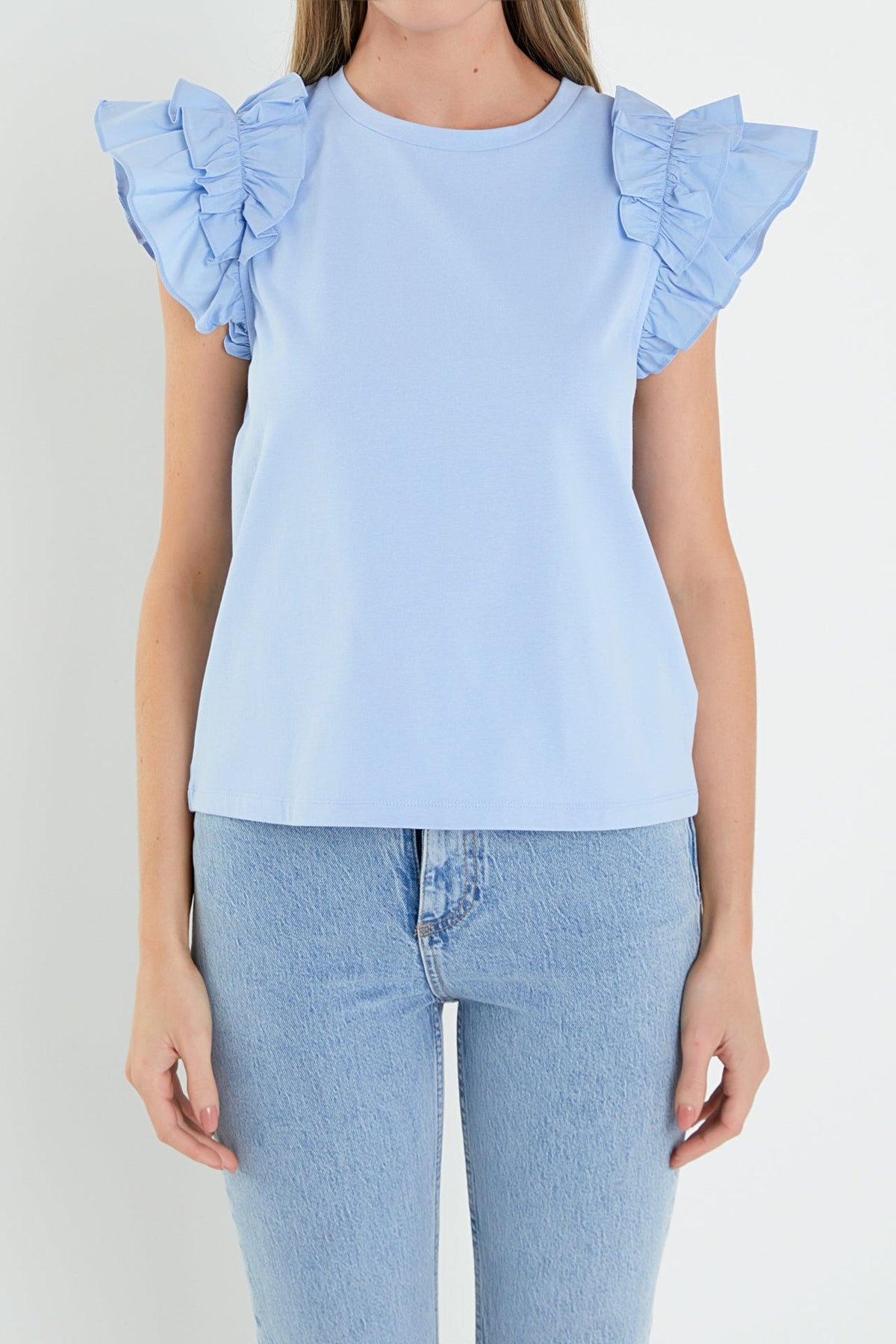 Mixed Media Shoulder Ruffle Detail T-shirt