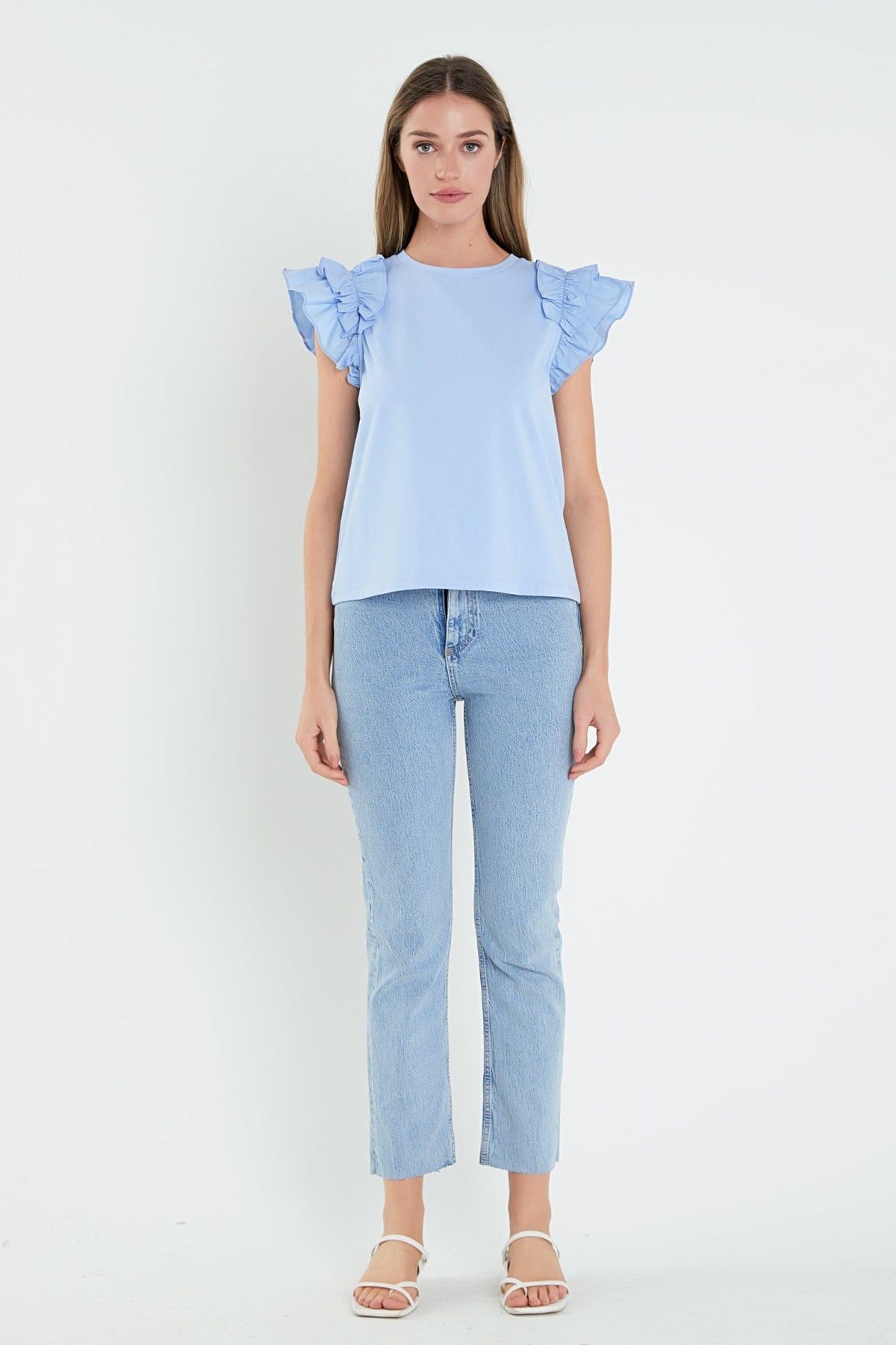 Mixed Media Shoulder Ruffle Detail T-shirt