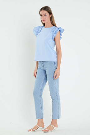 Mixed Media Shoulder Ruffle Detail T-shirt