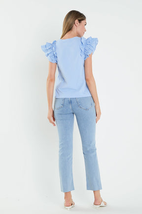 Mixed Media Shoulder Ruffle Detail T-shirt