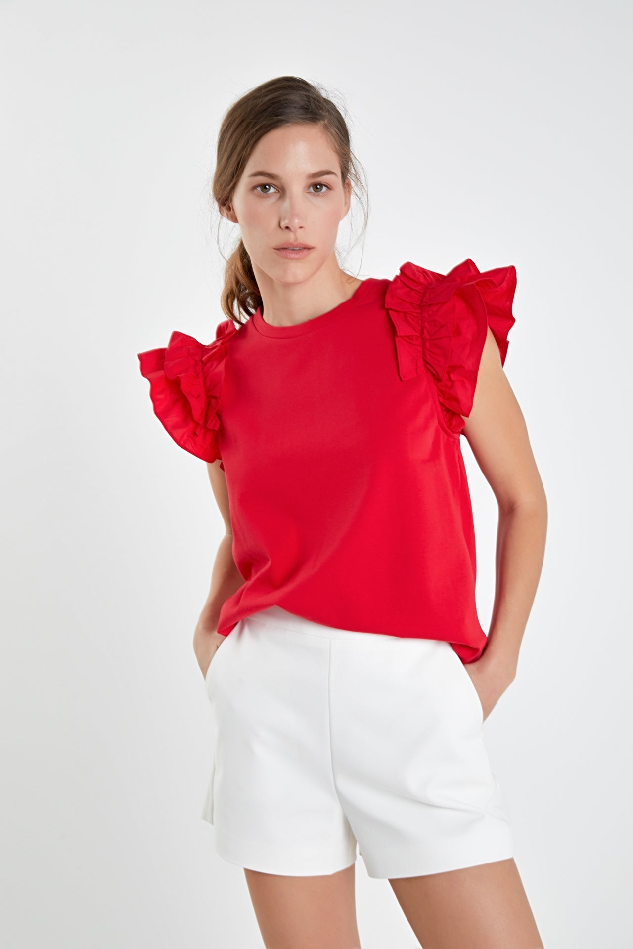 ENGLISH FACTORY - Mixed Media Ruffle Detail T-shirt - T-SHIRTS available at Objectrare
