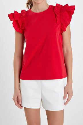 ENGLISH FACTORY - Mixed Media Ruffle Detail T-shirt - T-SHIRTS available at Objectrare