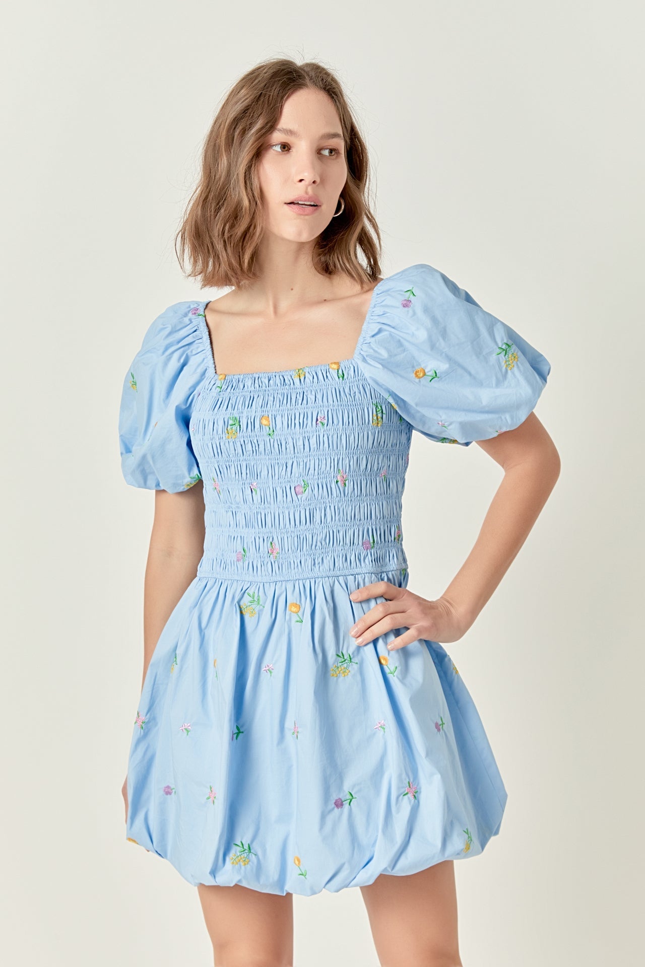 Smocked Dress with Balloon Sleeves
