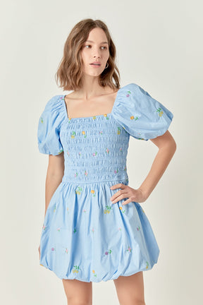 Smocked Dress with Balloon Sleeves