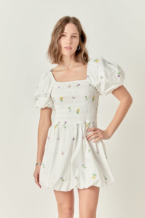 Smocked Dress with Balloon Sleeves