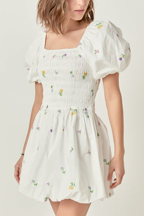 Smocked Dress with Balloon Sleeves