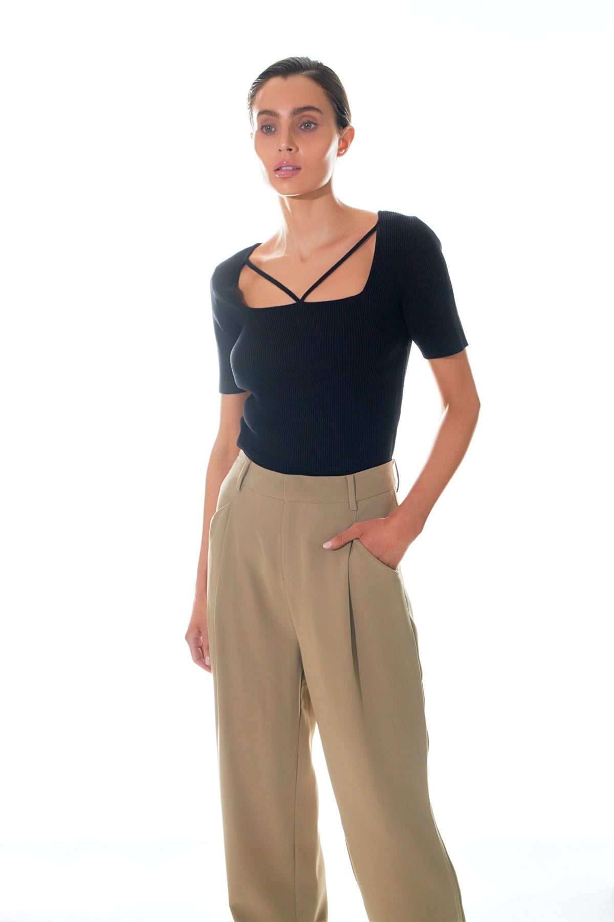 GREY LAB - Cut-out Detail Short Sleeve Knit Top - TOPS available at Objectrare