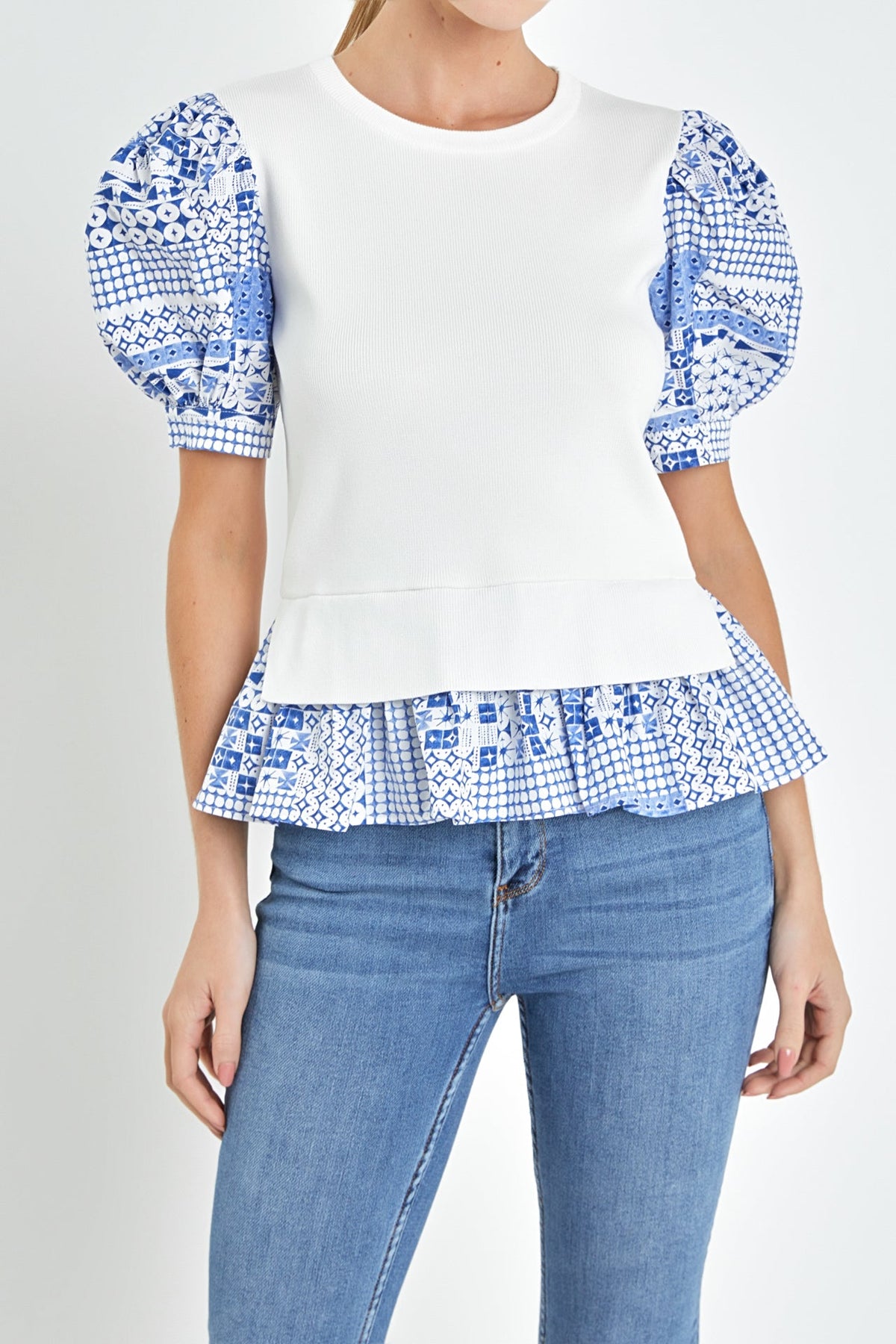 Mixed Media Floral Sleeve Knit Top