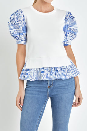 ENGLISH FACTORY - Mixed Media Floral Sleeve Knit Top - TOPS available at Objectrare