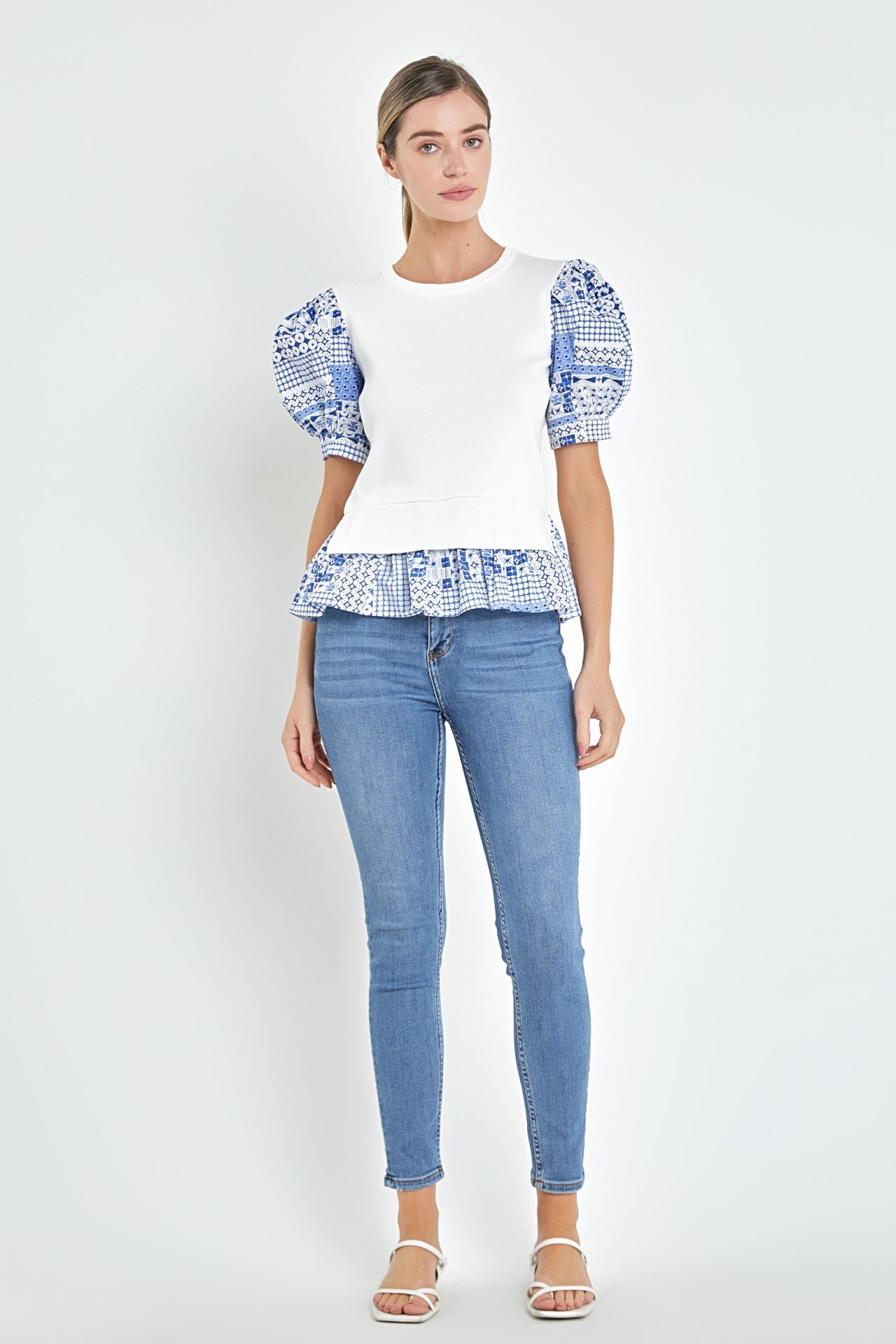 ENGLISH FACTORY - Mixed Media Floral Sleeve Knit Top - TOPS available at Objectrare